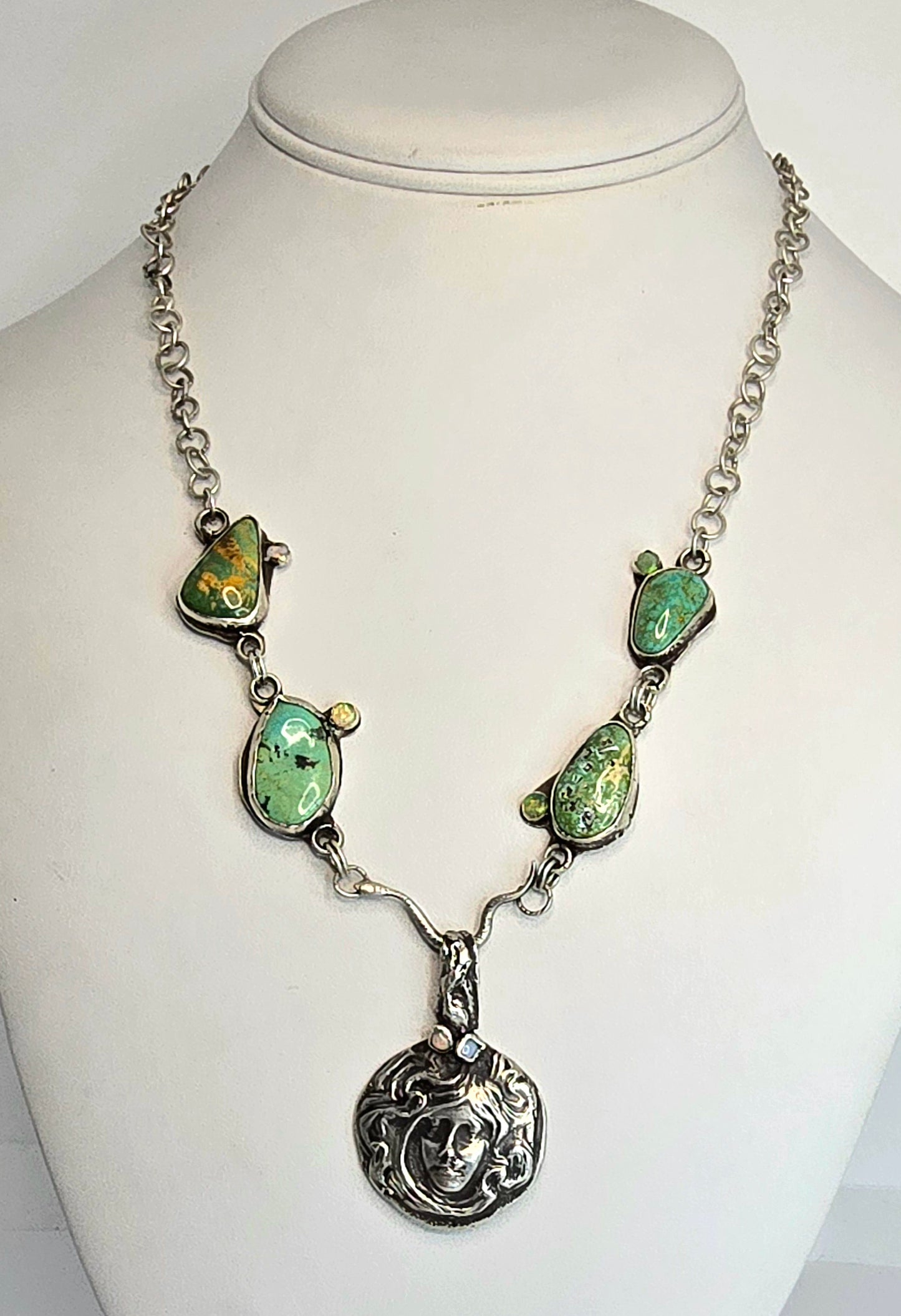 Medusa in Spring Necklace - Turquoise & Opal Sterling Silver Statement Piece