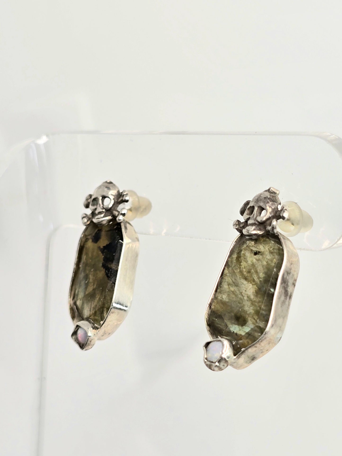 Labradorite Shield Earrings with Opal - Skulls