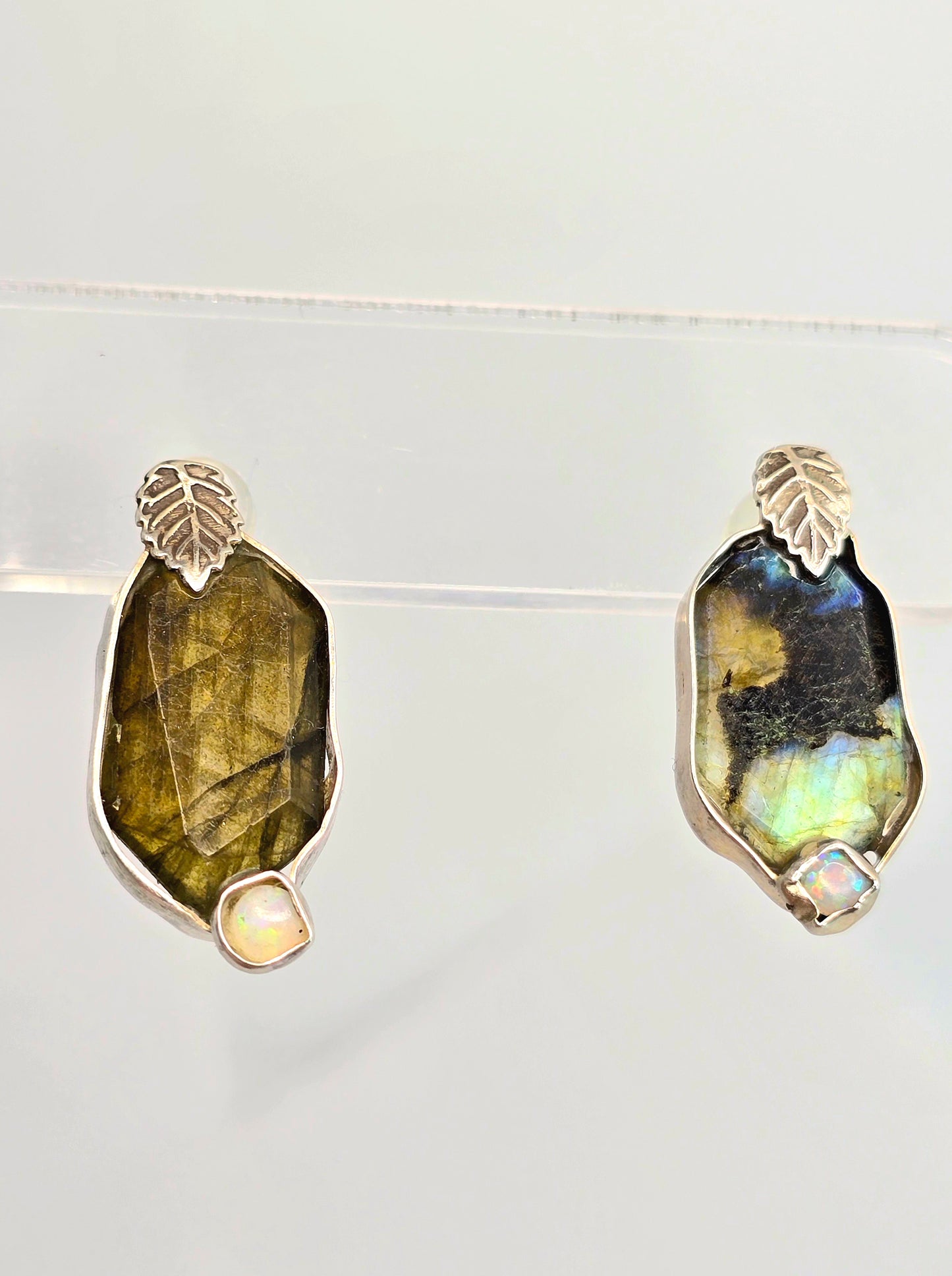 Labradorite Shield Earrings with Opals & Leaf - Sterling Silver Dangle