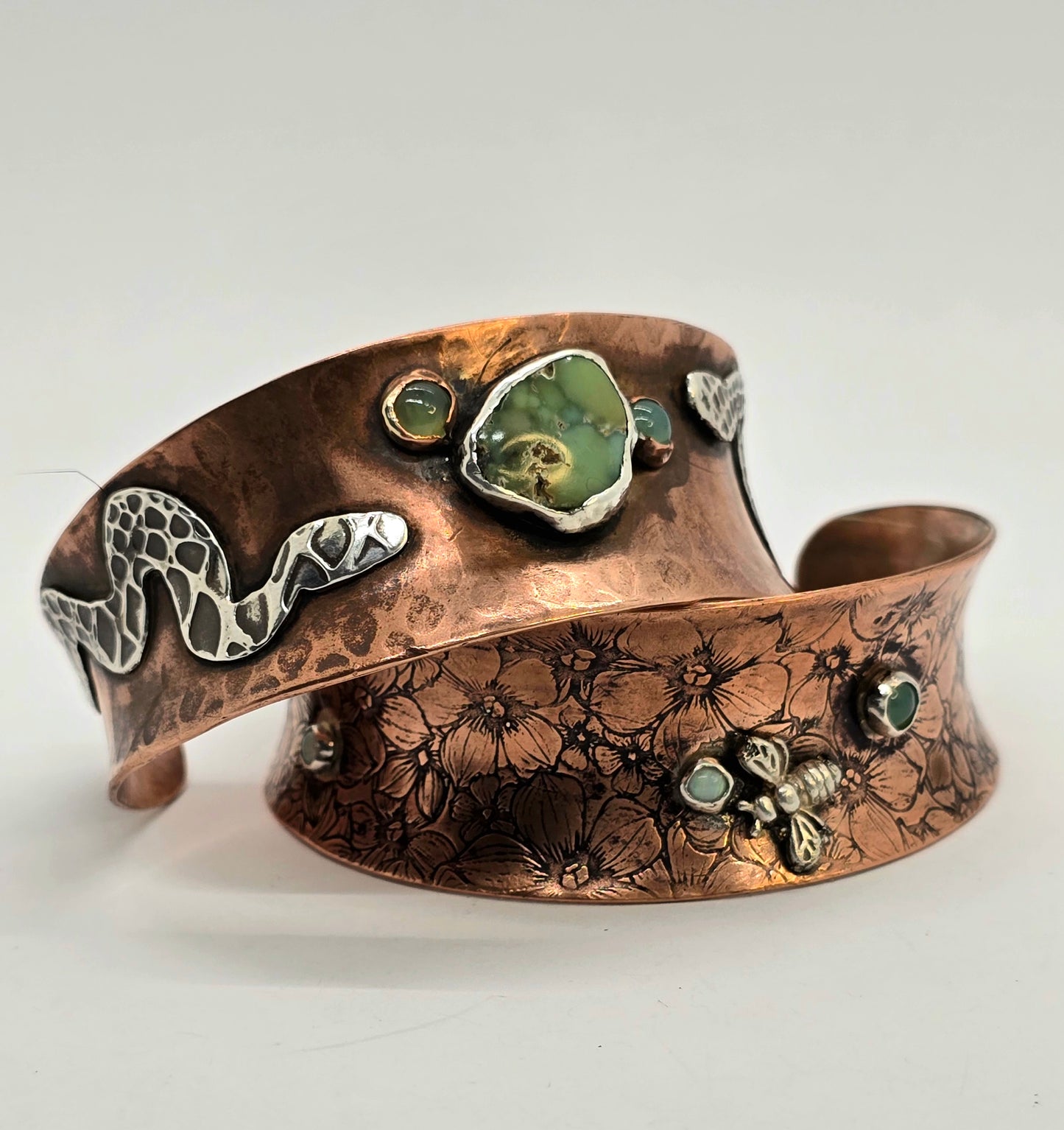 Copper Snake and Green Turquoise Cuff Bracelet
