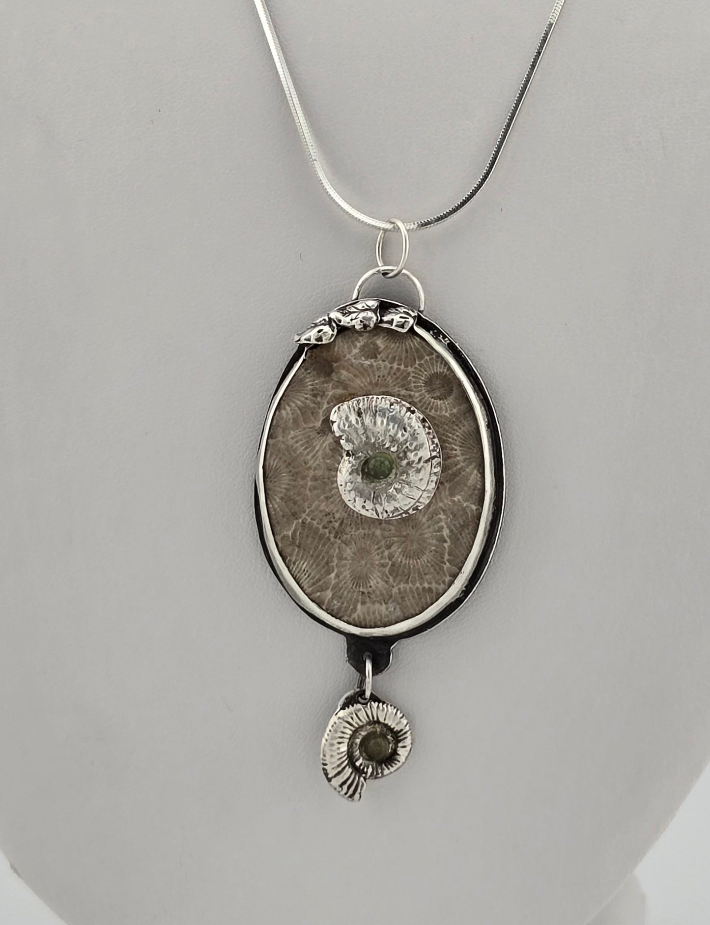 Fossil Petoskey Stone with Tourmaline Sterling Pendant Necklace
