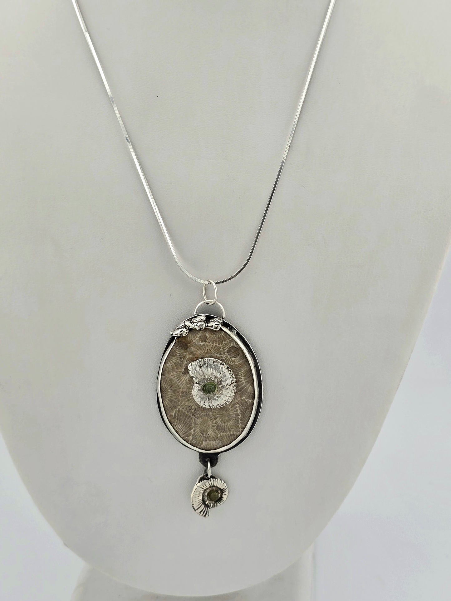 Fossil Petoskey Stone with Tourmaline Sterling Pendant Necklace