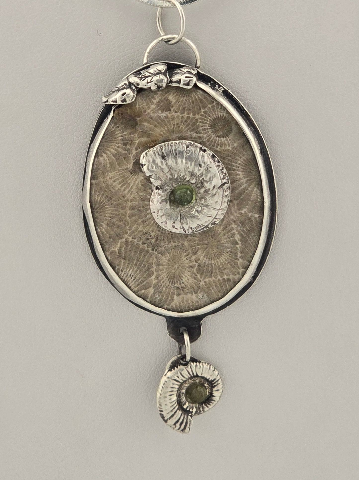 Fossil Petoskey Stone with Tourmaline Sterling Pendant Necklace