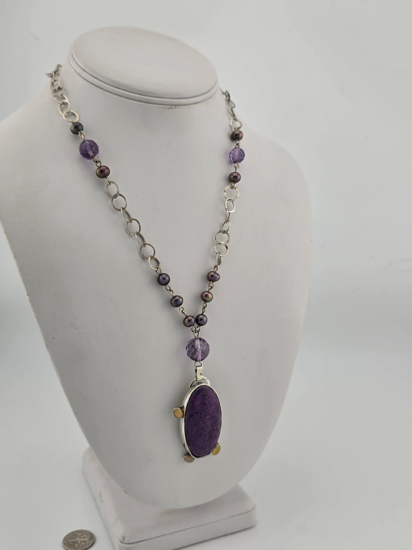 Purpurite and Pearl Necklace with Opal Accents