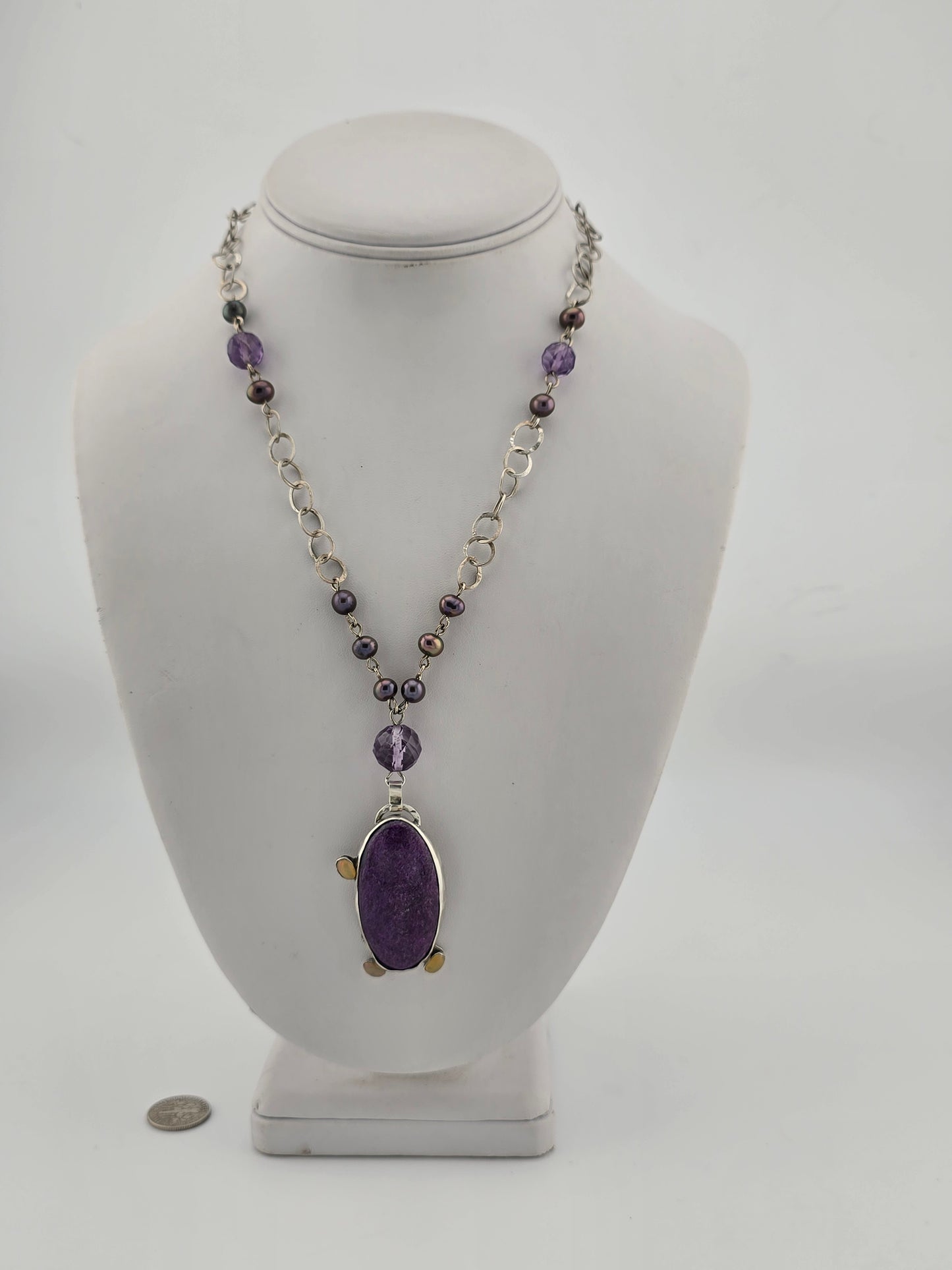 Purpurite and Pearl Necklace with Opal Accents