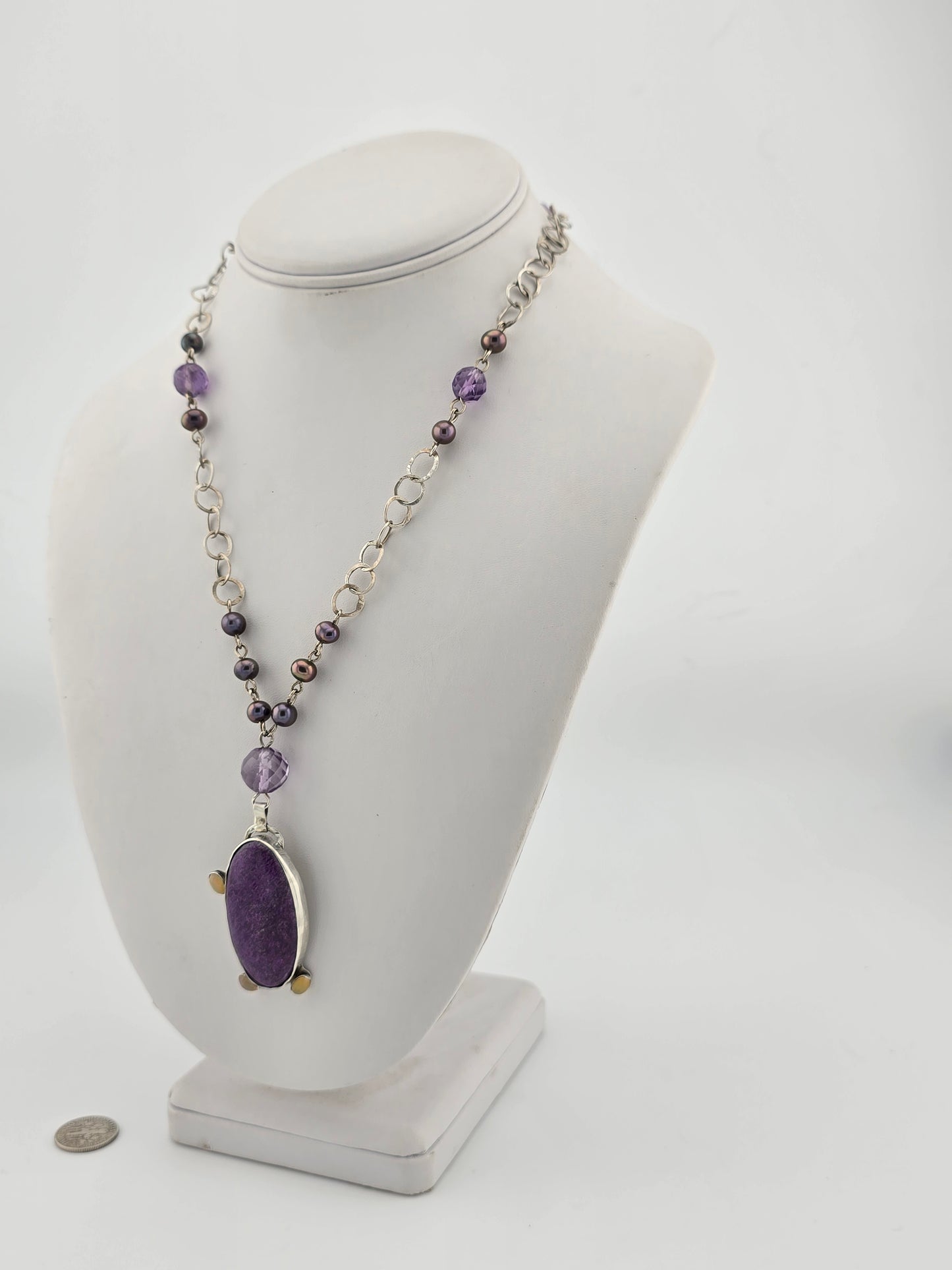 Purpurite and Pearl Necklace with Opal Accents