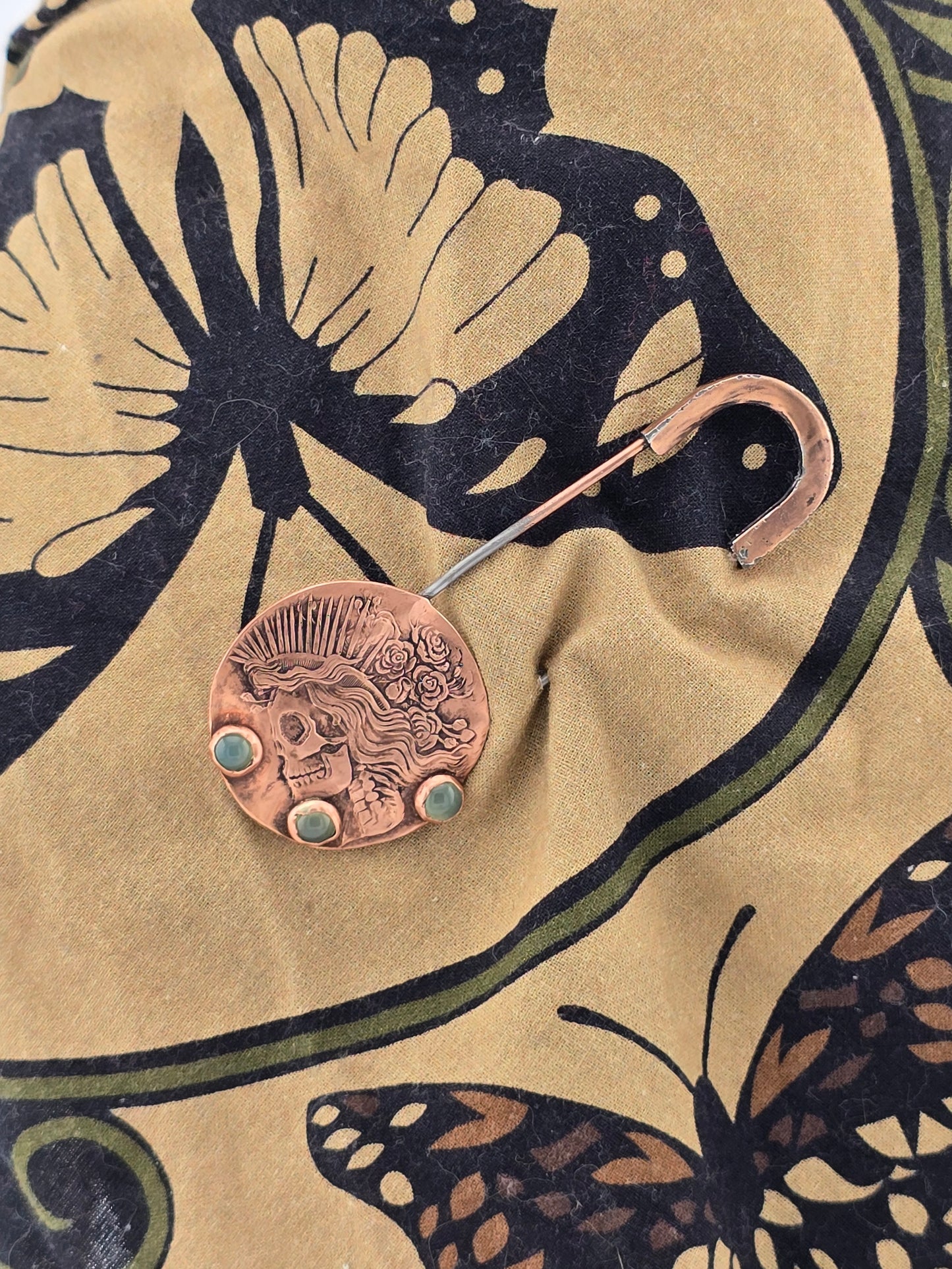 La Catrina / Grateful Dead Copper and Green Chalcedony Sweater Pin or Broach