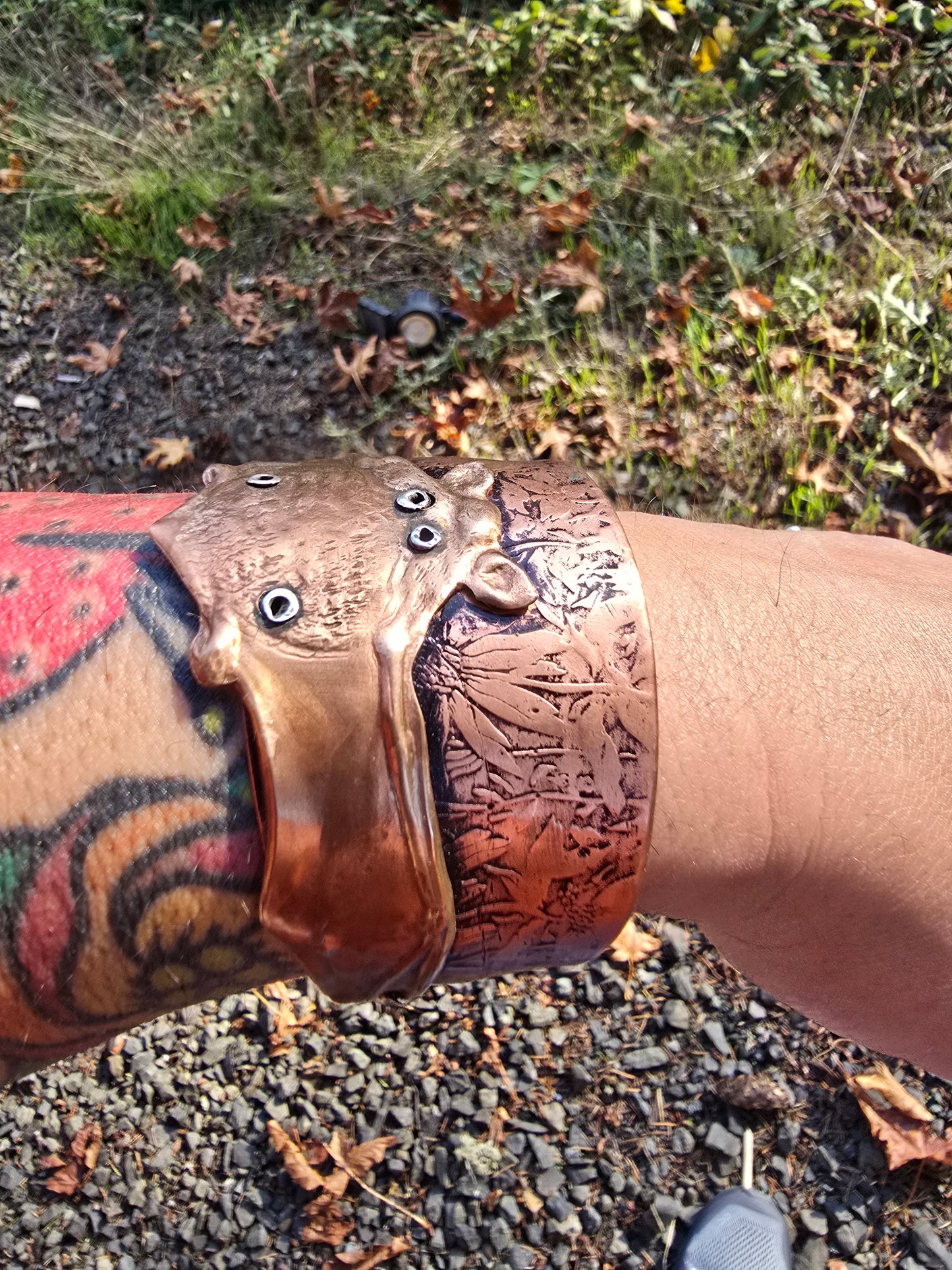 Copper and Bronze Floral Bat Cuff Bracelet