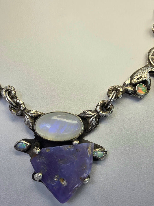 Holly Blue Agate and Moonstone Serpent Necklace with Opals