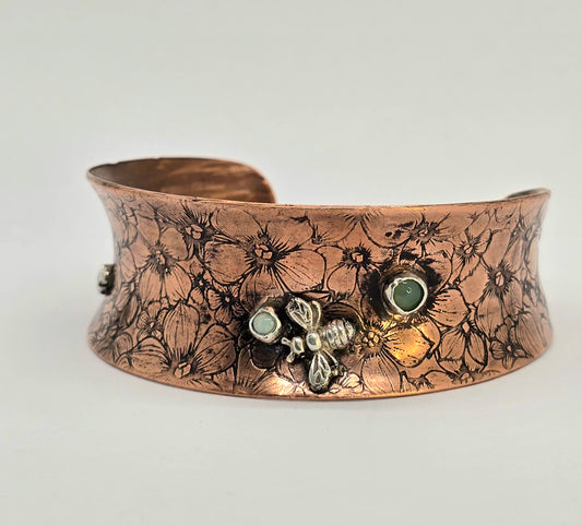 Copper Floral and Bee Cuff Bracelet